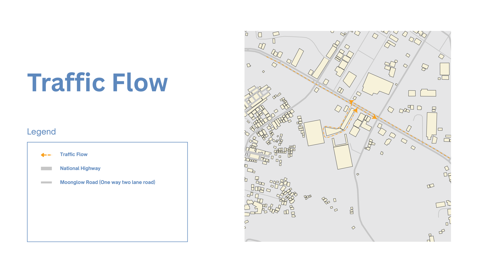 Traffic flow diagram showing the National Highway and Moonglow Road passing the site